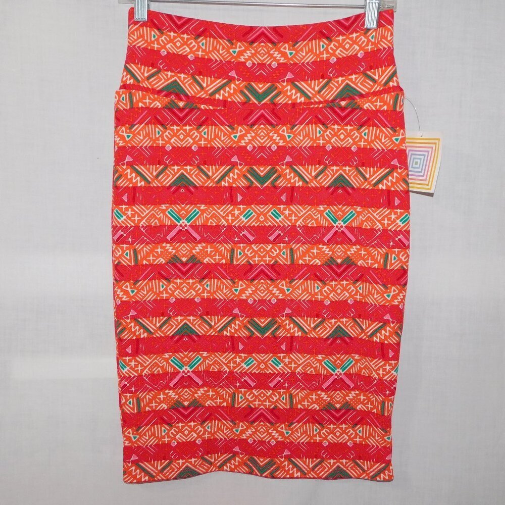 Lularoe Cassie Orange Red Geometric Pattern Body Con Pencil Skirt NEW Womens S